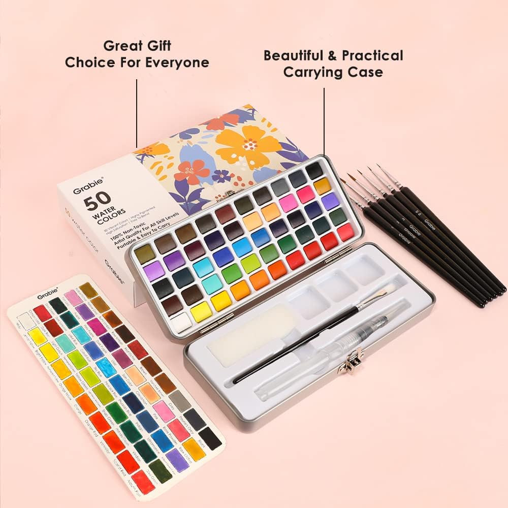 Grabie 50 Color Watercolor Paint Set with Detail Paint Brushes | High Pigment Paints. Blendable Colors. Portable Travel Case. Painting. Sketching. Illustration. Beginner And Hobby Artists - Image 5