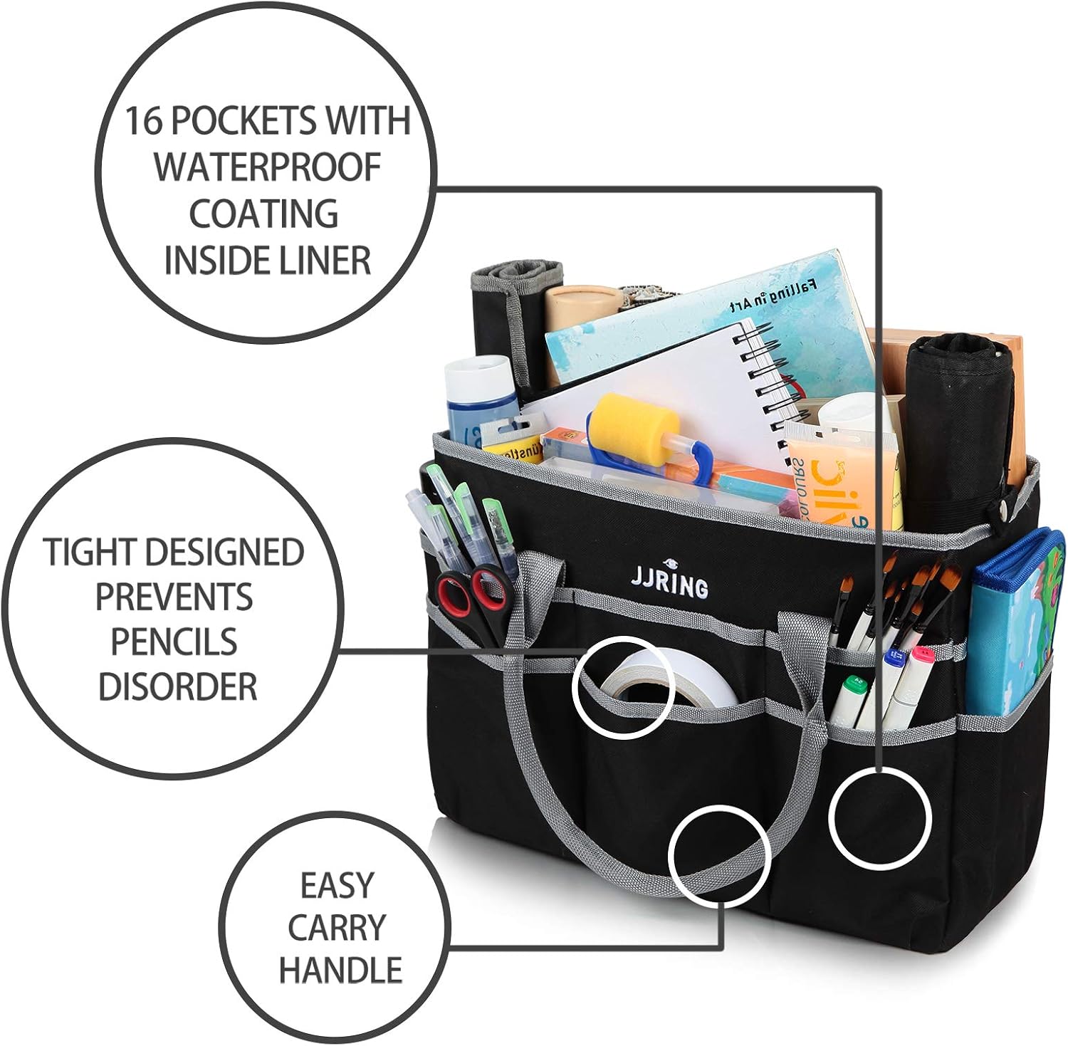 JJRING Large Multi-Functional Carrying Bag. 600D Nylon Artist Tote Bag with 16 Pockets Caddy for Art. Craft. Sewing. Make-up or School. Medical. Office Supplies Organizer. Silver | Multi-Functional Caddy Carrying Bag For Art. Craft. Sewing. Makeup. School. Medical & Office Supplies - Image 5