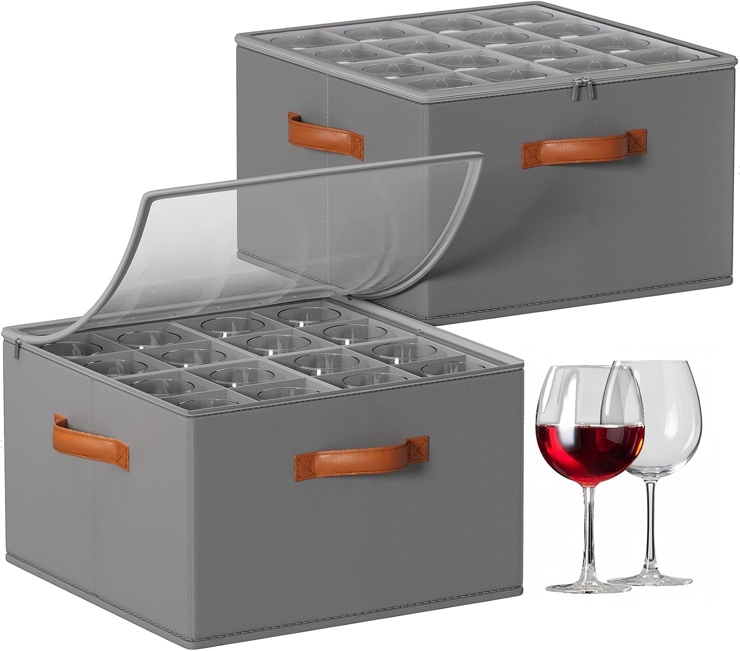 Foyego Wine Glass Storage Box. 2 Pack. Gray | 32 Adjustable Dividers. Hard Shell. Stackable China Storage Containers Holds Stemware. Glassware. Crystal for Packing&Moving
