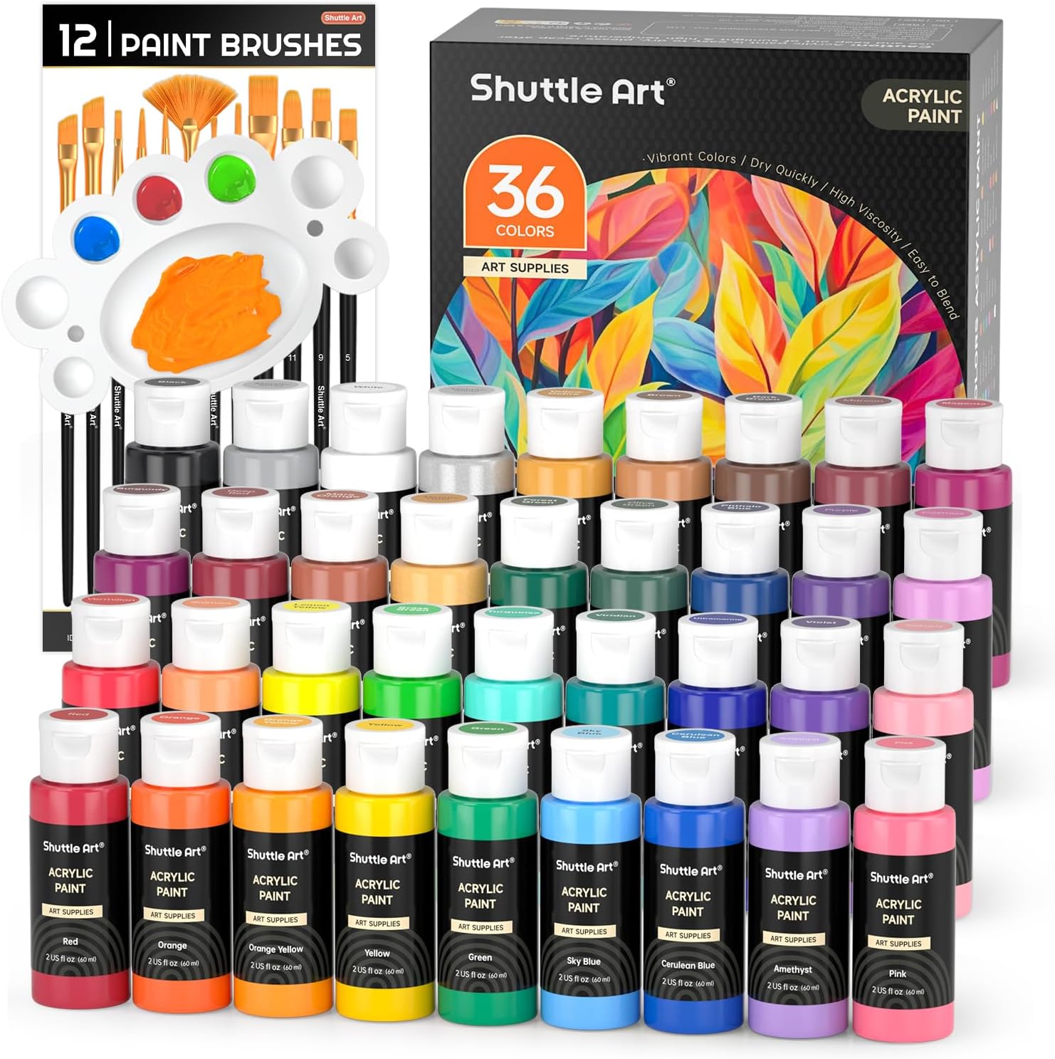 Shuttle Art Acrylic Paint. 36 Colors Acrylic Paint Set with Brushes & Palette. 2oz/60ml Bottles. Rich Pigments Non-toxic for Artists Kids & Adults. Painting on Canvas Rocks Ceramic Wood