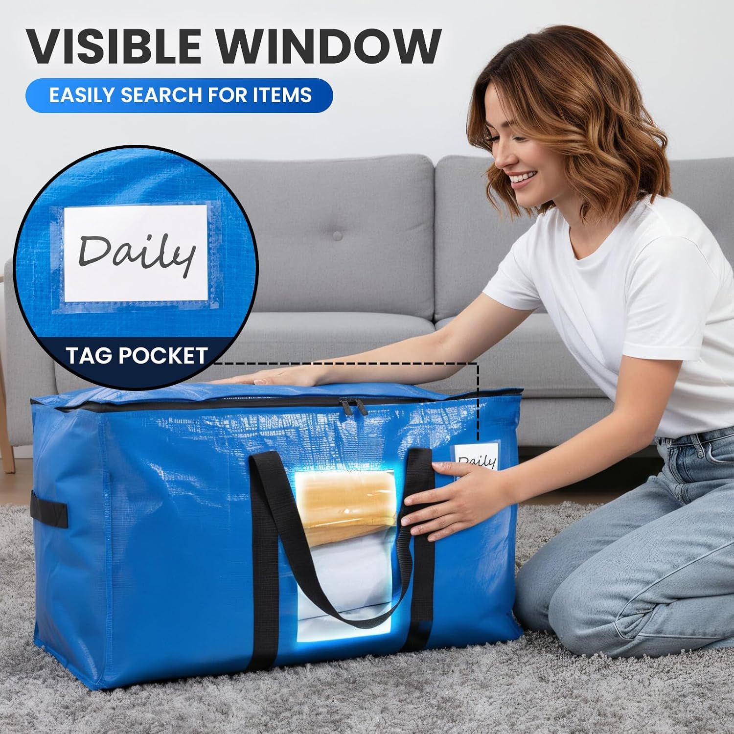 TAILI Extra Large Moving Bags. 4 Pack Blue Heavy Duty Totes For Storage with Visible Window. Wrap Around Handles. Storage Bags for Space Saving. Alternative to Moving Boxes - Image 5