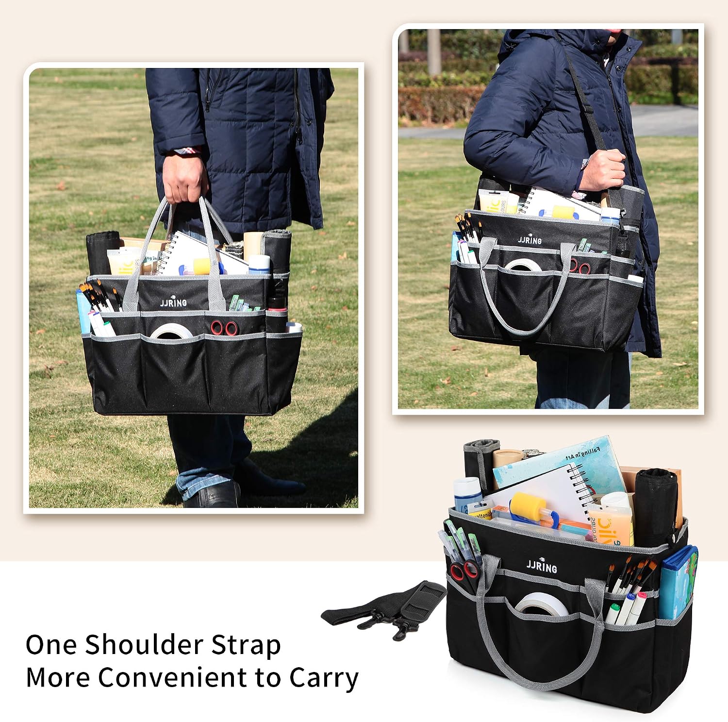 JJRING Large Multi-Functional Carrying Bag. 600D Nylon Artist Tote Bag with 16 Pockets Caddy for Art. Craft. Sewing. Make-up or School. Medical. Office Supplies Organizer. Silver | Multi-Functional Caddy Carrying Bag For Art. Craft. Sewing. Makeup. School. Medical & Office Supplies - Image 6