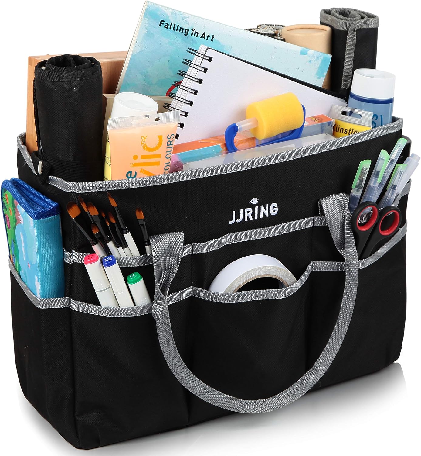 JJRING Large Multi-Functional Carrying Bag. 600D Nylon Artist Tote Bag with 16 Pockets Caddy for Art. Craft. Sewing. Make-up or School. Medical. Office Supplies Organizer. Silver | Multi-Functional Caddy Carrying Bag For Art. Craft. Sewing. Makeup. School. Medical & Office Supplies